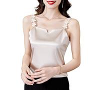 Top Donna Sexy,Canotta Da Donna Con Cinturino Per Spaghetti Cami Summer Soft Canotta Di Seta Beige Raso Tinta Unita Scollo A V Tracolla In Pizzo Floreale Sexy Canotte Tunica Camicette Gilet Per Part