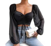 Top donna verde chiaro raccordo con cordino a V collo con manica sexy puff