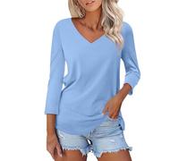 Top Donna,Women's V Neck 3/4 Sleeve Tops/Solid Shirts Basic Summer Tees Maglia Sportiva Maniche Lunghe (Sky Blue, S).