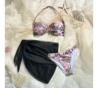 Top e slip di bikini a balconcino a volant con stampa floreale per ragazza adolescente, più una gonna a rete stampata, outfit comodo per vacanze, adatto per primavera/estate 14Y,13Y,16Y,15YFloreale,Co