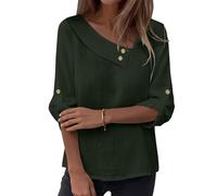 Top elegante da donna a tinta unita, con scollo asimmetrico, dettagli con bottoni e maniche a tre quarti arrotolabili; vestibilità morbida, ideale per il tempo libero o le vacanze. (Dark Green,S)