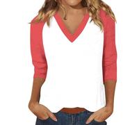 Top elegante da donna con maniche a 3/4, con scollo a V, in cotone, tinta unita, estiva, per occasioni semi-formali, 1d-rosso, L