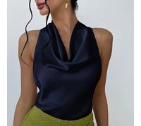 Top elegante in raso blu navy per serate estive, senza maniche, con collo a giro, blusa chic e modesta con dettagli scintillanti, abbigliamento da festa formale per invitati a matrimoni e occasioni el