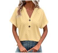 Top estivi da donna alla moda 2025 a maniche corte con scollo a V camicie con occhielli camicie eleganti casual allentate da donna camicette per uscire, 1A-giallo, XXL