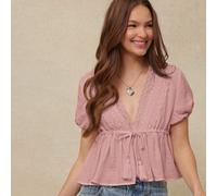 Top estivo boho con scollo a V in misto lino e pizzo floreale, fiocco, nappine, maniche corte a palloncino, volant, adatto per vacanze country western e concerti country a Nashville L,M,S,XL,XSColore 