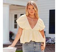 Top estivo carino con scollo a V ricamato, maniche corte a palloncino e orlo a bolla, colore giallo burro, adatto per concerti country L,M,S,XL,XSColore unicoTessuto intrecciato