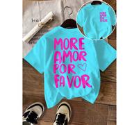 Top estivo casual da donna con stampa reversibile, caratterizzato da un design vintage con cuori e righe. Maglietta a maniche corte a girocollo in puro cotone con stampa "MORE AMORE PER" L,M,S,XLFiocc