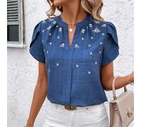 Top estivo casual quotidiano con maniche corte, collo a incrocio ricamato e stampato L,M,S,XLFloreale,PiantePoliestere