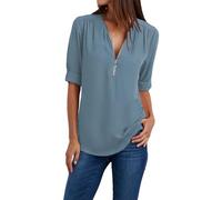Top estivo da donna 2026 - Camicia a maniche lunghe alla moda con scollo a V con bottoni e cerniera, tinta unita, elegante tunica casual per abiti versatili, blu cielo, L