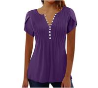 Top estivo da donna a maniche corte con bottoni plissettati maglietta estiva con scollo a V casual top tunica floreale con volant camicetta Henley Tshirt, Viola, L