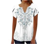 Top estivo da donna a maniche corte con bottoni plissettati maglietta estiva con scollo a V casual top tunica floreale con volant camicetta Henley Tshirt, Multicolore, XL
