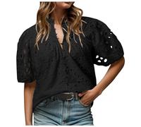 Top estivo da donna, abito casual, maniche corte, scollo a V, bottoni, pizzo traforato, camicette ricamate, camicie a maniche lunghe da donna, Le Noir, XXL