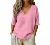 Top estivo da donna con maniche a 3/4, in lino, bianco, scollo a V, a maniche lunghe, in cotone e lino, per il tempo libero, con scollo a V profondo, per il tempo libero, Colore: rosa., S