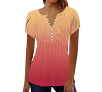 Top estivo da donna elegante casual boho floreale manica corta petalo tunica camicie plissettate bottone scollo a V camicette Henley, 1c-arancione, L