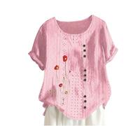 Top estivo da donna, in lino, a maniche corte, girocollo, stampa floreale, maglietta grafica per la festa della mamma, orecchini neon, Colore: rosa., S