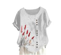Top estivo da donna, in lino, a maniche corte, scollo rotondo, stampa floreale, maglietta grafica per la festa della mamma, Metallic Top, bianco, M