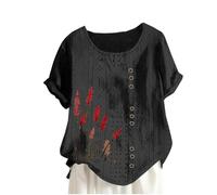 Top estivo da donna, in lino, a maniche corte, scollo rotondo, stampa floreale, maglietta grafica per la festa della mamma, Metallic Top, Nero , XL