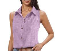 Top estivo da donna, senza maniche, in lino, tinta unita, con bottoni, casual, estivo, casual, per il tempo libero, per l'estate, Lilla, XL