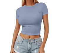 Top estivo da donna senza pancia, maglietta estiva da ragazza, elasticizzata, slim fit, top estivo, a maniche corte, morbido, girocollo, sportivo, basic aderente, Y2k, tinta unita, O blu., XS