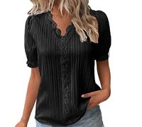 Top estivo da donna UK casual scollo a V in pizzo splicing Hollow Bubble manica corta camicette eleganti camicia classica 2, Nero-2, L