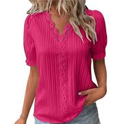 Top estivo da donna UK casual scollo a V in pizzo splicing Hollow Bubble manica corta camicette eleganti camicia classica 2, Rosa acceso-2., XL