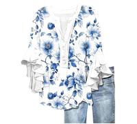 Top estivo da donna UK con volant manica a 3/4 stampa floreale bohémien top button scollo a V t-shirt elegante grafica vintage camicie allentate tuniche vacanze abiti camicette donna vendita, 03-rosa