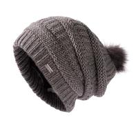 TOP-EX 100% lana da donna - Caldo berretto invernale lavorato a maglia con pompon Chicem, fodera in raso o pile foderato, Fodera in raso grigio, Taglia unica