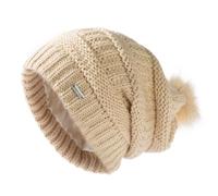 TOP-EX 100% lana da donna - Caldo berretto invernale lavorato a maglia con pompon Chicem, fodera in raso o pile foderato, Fodera in raso beige, Taglia unica