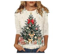Top festoso da donna con maniche a tre quarti per abiti natalizi, look casual, camicetta casual in tessuto morbido con scollo rotondo, ideale per l'uso quotidiano, l'ufficio o le vacanze tutto l'anno