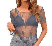 Top formale da donna casual aderente camicie in pizzo a maniche lunghe da donna top a strati in rete con collo a lupetto floreale trasparente top a maniche lunghe da donna, Grigio, L