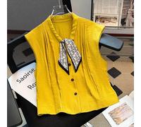Top Giallo Senza Maniche Con Fiocco Elegante E Bottoni Marroni CF49630