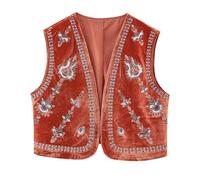 Top gilet corto francese in velluto con scollo a V e perline ricamate da donna verde oliva cappotto da donna, Colore: rosso, S