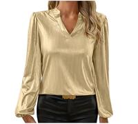 Top glitter da donna eleganti camicia dorata a maniche lunghe maniche a lanterna pullover maglietta tinta unita scollo a V camicetta festiva tunica abbigliamento da festa alla moda colletto alto