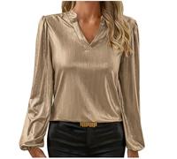 Top glitter da donna eleganti camicia dorata a maniche lunghe maniche a lanterna pullover maglietta tinta unita scollo a V camicetta festiva tunica abbigliamento da festa alla moda colletto alto