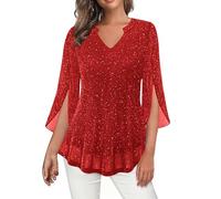 Top glitterati da donna eleganti con paillettes, camicetta in mesh, pullover maniche 3/4, scollo a V, tunica, camicette per feste, maglietta party rave, outfit Capodanno, maglietta a maniche lunghe