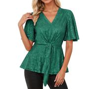 Top glitterato 2026 con scollo a V, nastro anteriore, maniche corte svasate, camicetta casual per la vita di tutti i giorni, verde, XL