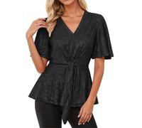 Top glitterato 2026 con scollo a V, nastro anteriore, maniche corte svasate, camicetta casual per la vita di tutti i giorni, Nero , M