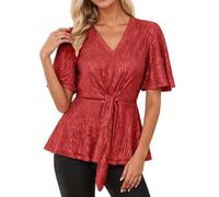 Top glitterato con scollo a V, nastro anteriore, maniche corte svasate, camicetta casual per la vita di tutti i giorni, RD2, M