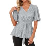 Top glitterato con scollo a V, nastro anteriore, maniche corte svasate, camicetta casual per la vita di tutti i giorni, grigio., S