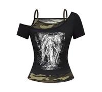 Top gotico asimmetrico da donna con stampa angelica - top attillato con dettagli mimetici | maglietta a maniche corte in stile grunge, Stil_q01 Nero, L