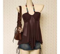Top halter da donna stile Y2K vintage country boho con scollo a V, colore marrone, con perline, inanellatura e flusso, adatto per concerti e per l'estate L,M,S,XL,XS,XXL,XXS,XXXL,XXXXLColore unicoTess