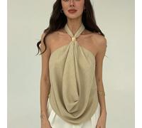 Top halter senza schienale di colore solido sexy, adatto per l'estate e l'autunno, per le donne. Top con collo alla halter, senza spalle, con fibbia decorativa in metallo, nuovo per l'anno nuovo L,M,S