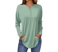 Top Henley da donna a maniche lunghe, scollo a V, design con bottoni, camicetta casual, vestibilità ampia, versatile pullover tunica per uso quotidiano, Verde chiaro, L