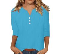 Top in cotone e lino da donna UK Summer Button Down Camicette da donna T-shirt con scollo a V Top a maniche lunghe allentato leggero traspirante camicetta lunga tinta unita oversize tunica top, blu