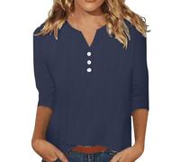 Top in cotone e lino da donna UK Summer Button Down Camicette da donna T-shirt con scollo a V Top a maniche lunghe allentato leggero traspirante camicetta lunga tinta unita oversize tunica top, Marina