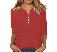 Top in cotone e lino da donna UK Summer Button Down Camicette da donna T-shirt con scollo a V Top a maniche lunghe allentato leggero traspirante camicetta lunga tinta unita oversize tunica top, Rosso