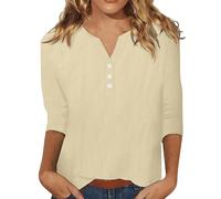 Top in cotone e lino da donna UK Summer Button Down Camicette da donna T-shirt con scollo a V Top a maniche lunghe allentato leggero traspirante camicetta lunga tinta unita oversize tunica top, cachi