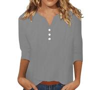 Top in cotone e lino da donna UK Summer Button Down Camicette da donna T-shirt con scollo a V Top a maniche lunghe allentato leggero traspirante camicetta lunga tinta unita oversize tunica top, Grigio