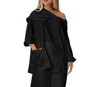 Top in cotone e lino per le donne 2025 camicia estiva Y2K con collo drappeggiato manica a 3/4 vestibilità ampia carina tunica top camicette da viaggio, Nero , XL