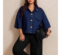 Top in denim casual ampio con spalle scese, maniche 3/4 e monopetto, taglie forti, versatile, lussuoso, elegante, adatto per feste, appuntamenti, autunno, inverno, stile trench 0XL,1XL,2XL,3XL,4XLColo